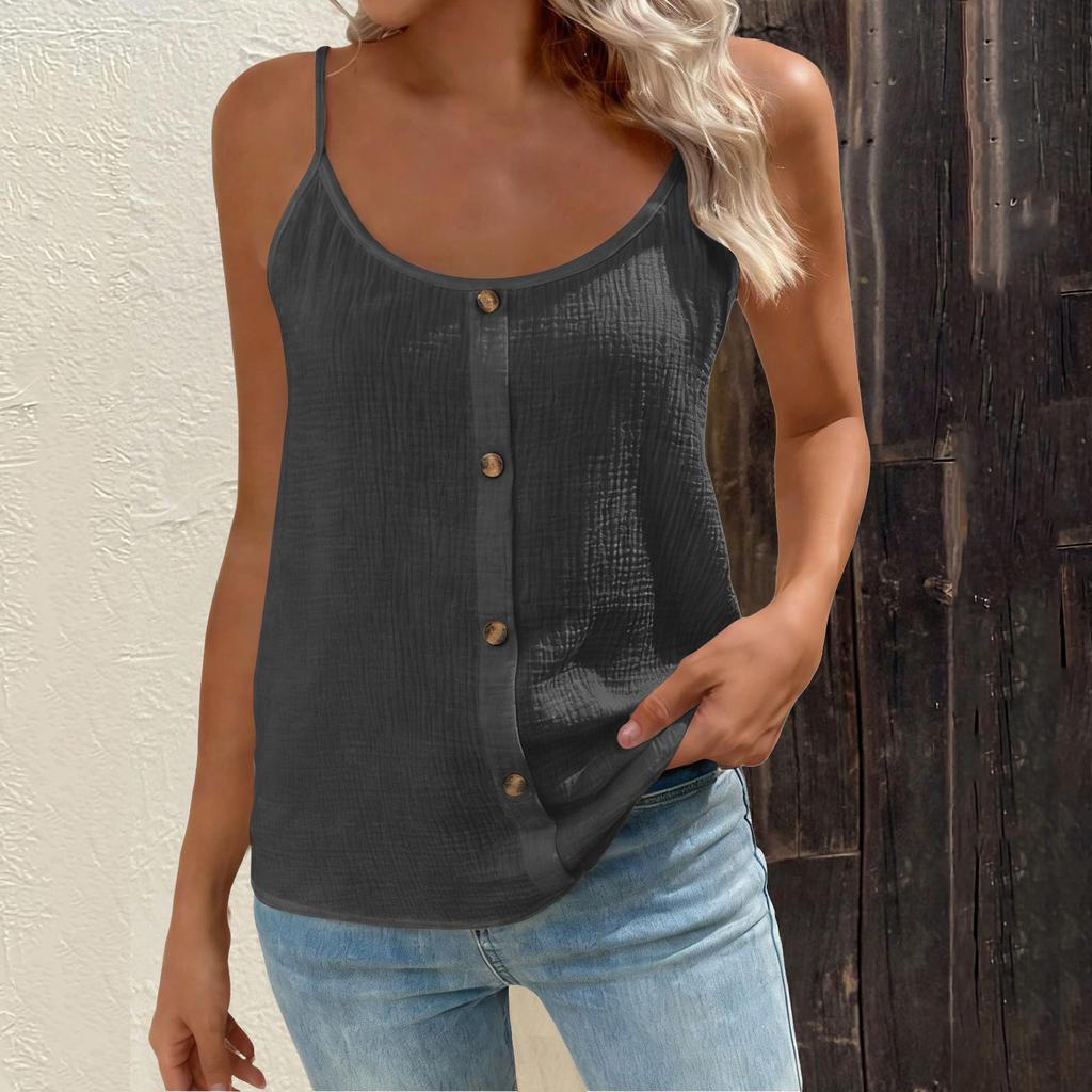 Women's Fashionable Loose-Fit Button-Down Round-Neck Adjustable Strap Tank Top