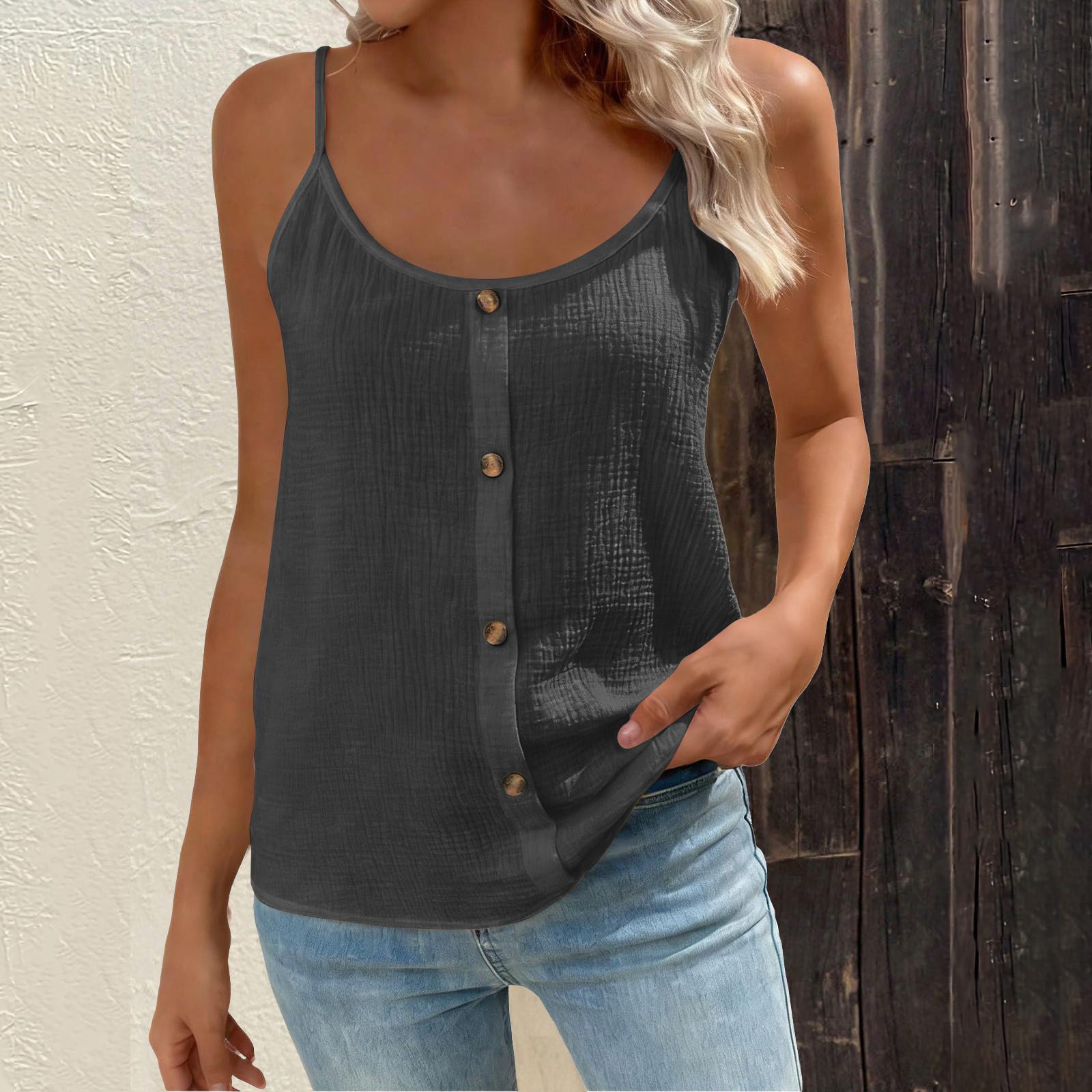 Women s Fashionable Loose-Fit Button-Down Round-Neck Adjustable Strap Tank Top L