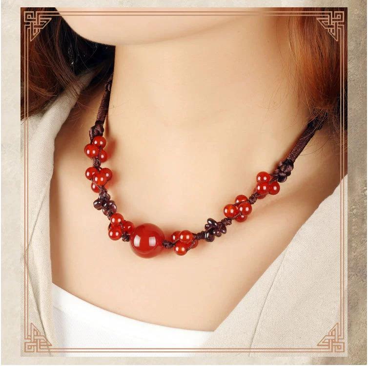 GEMCHIC Women s Handmade Red Agate Beaded Necklace Chinese Style Ethnic Braided Cord Choker Jewelry