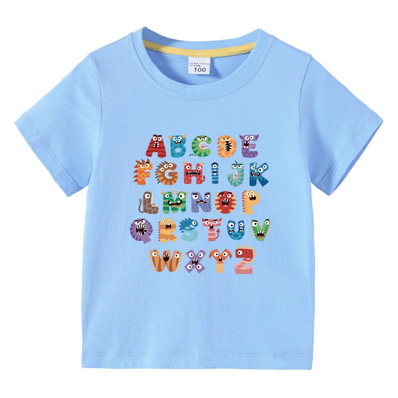Boys Girls TShirt 26 Letters Print Black 100 Cotton Short Sleeve Tee Soft Casual Summer Tops for Kids Children