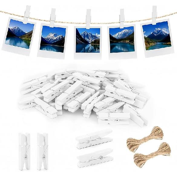 jijAcraft Mini Clothesp with String - 100Pcs Small Wooden Clothes P, Natural Brown Photo Hanging Clips, Craft Clips for Picture, Cocktails Decor,