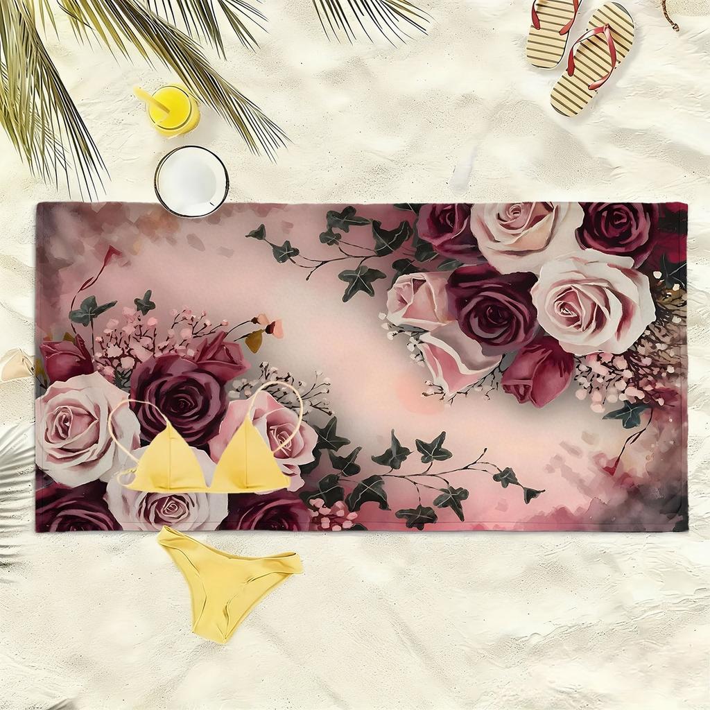 Elegant Rose Style Floral Pattern Polyester Microfiber Beach Towel Is Highly Absorbent, Suitable for Swimming and Beach Outings