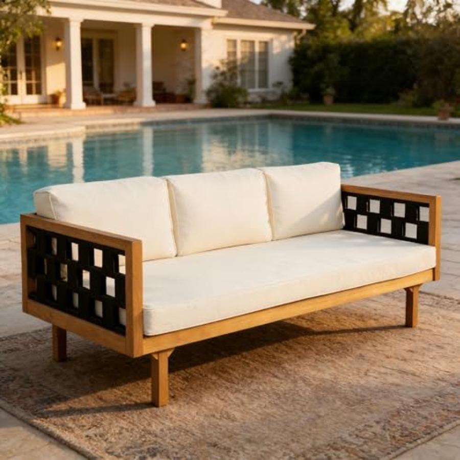 Rosie Acacia Wood Outdoor Daybed Sofa with Water-Resistant Cushion, Solid Wood Patio 3 Seater Sofa Couch, Patio Garden Lounge S