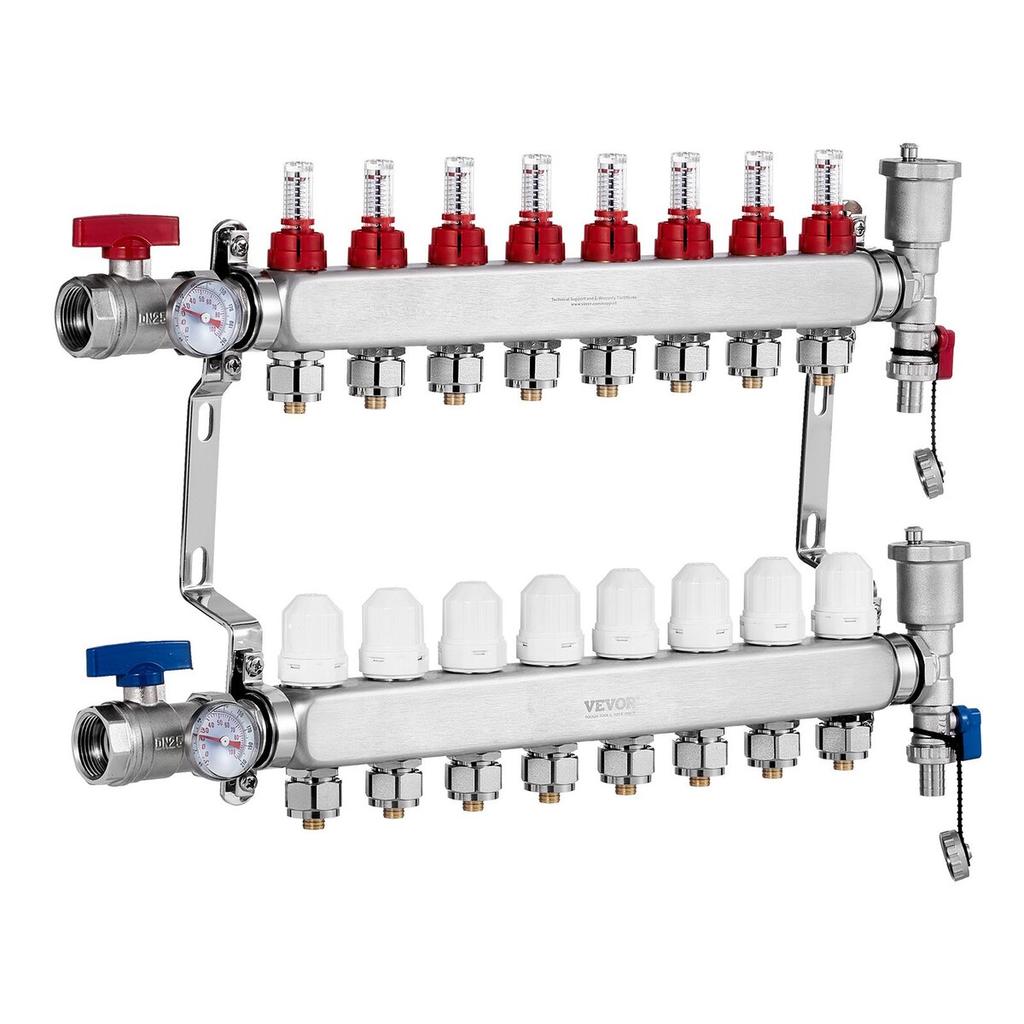 8-Branch Radiant Heat Manifold 1/2" PEX Tubing Floor Heating Manifold Set
