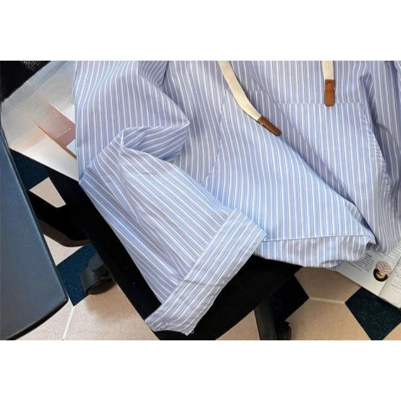 Blaues Kapuzensweatshirt für Damen mit vertikalen Streifen, koreanischer Stil, schlichtes Damenoberteil mit langen Ärmeln, locker, Kordelzug mit Tasche, Pullover