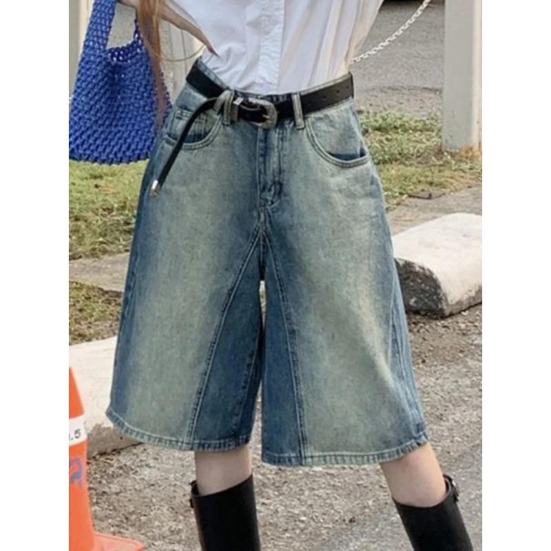 Woman Man Vintage Gradient Jeans Women 2024 Summer New Straight Knee Length Shorts Y2k Grunge High Waist Loose Wide Leg Pants
