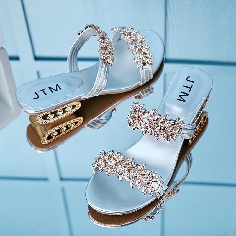 Summer new rhinestone sandals large size thick heel sandals fashionable outer wear one word medium heel women's shoes