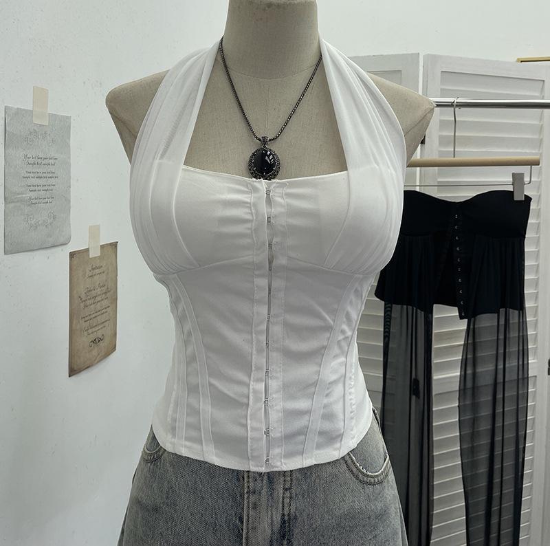 

European and American Style Sexy Halter Backless Mesh Camisole with Waist Cinching and Chest Pads One Size білий