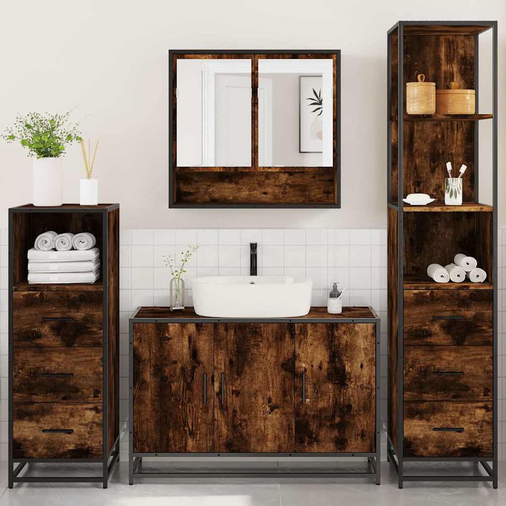 4 Piece Bathroom Furniture Set Smoked Oak Wood Based Material