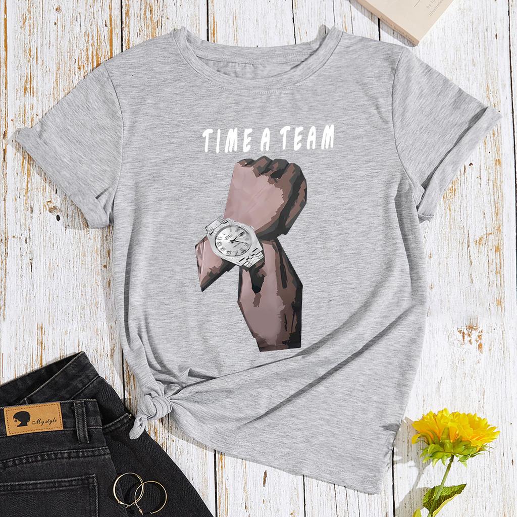TIME A TEAM HAND Cotton T-Shirt Short Sleeve Round Neck Women 2d Print Tops