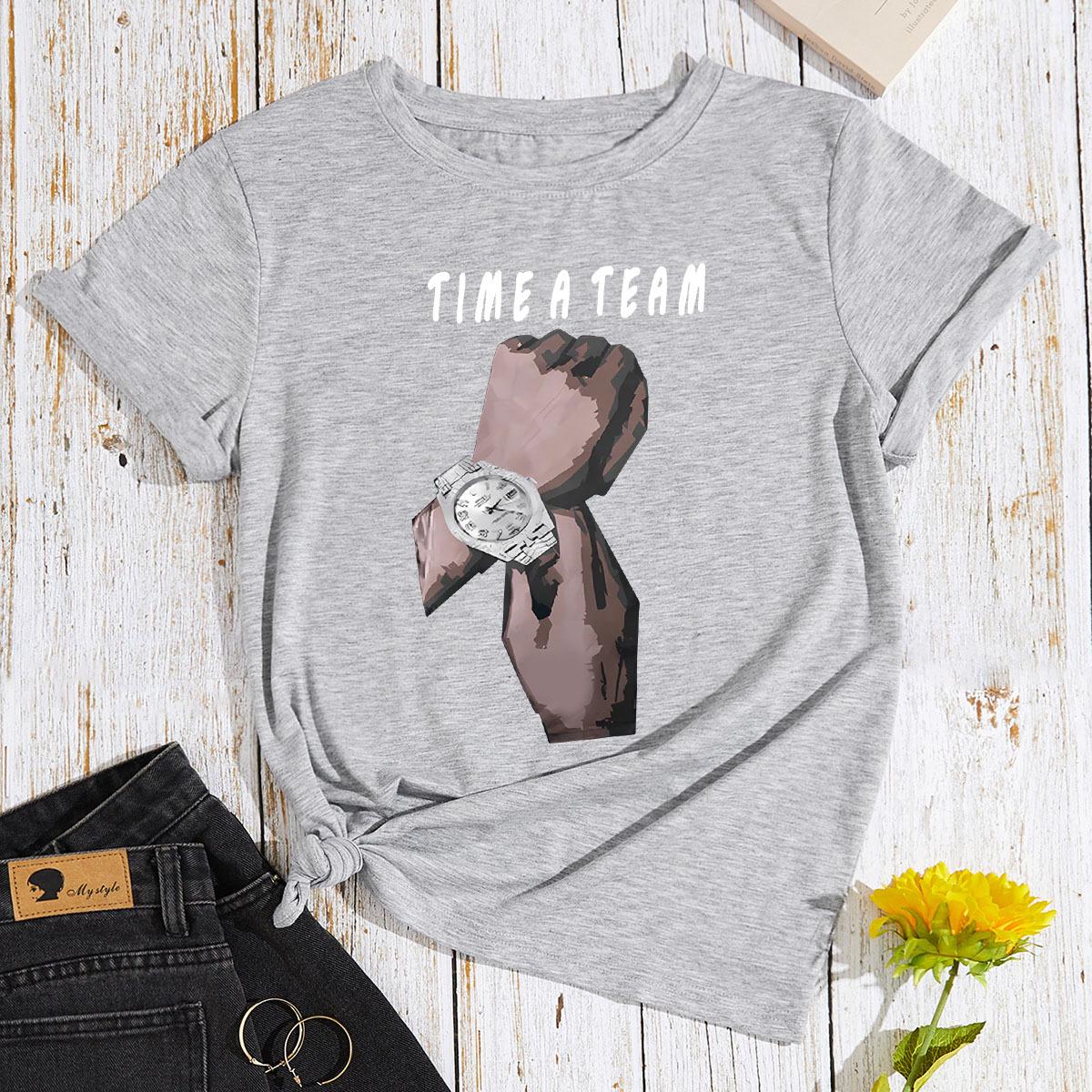 

TIME A TEAM HAND Cotton T-Shirt Short Sleeve Round Neck Women 2d Print Tops S