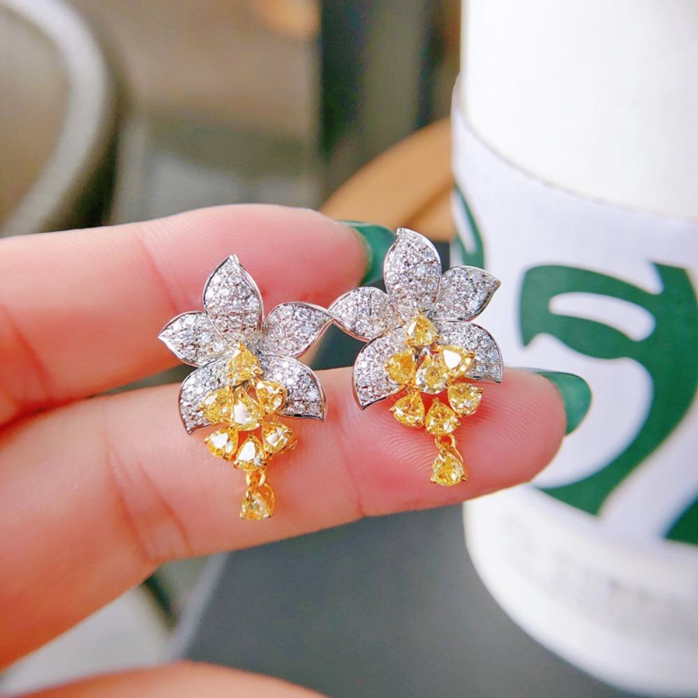 Luxury Micro Paved Full Diamond Asscher Cut Yellow Flower Earrings Jewelry