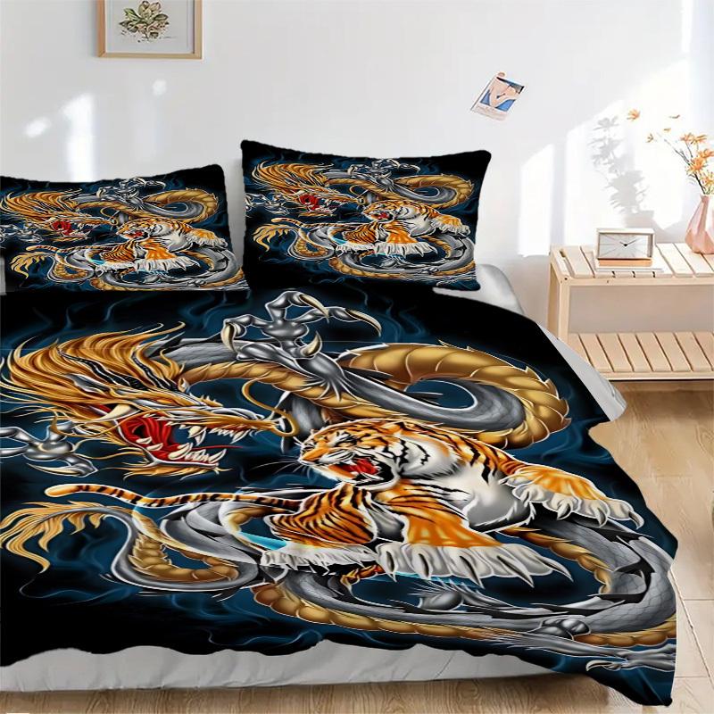 3pcs Dragon Tiger Design Duvet Cover Set -Includes 1 Duvet Cover and 2 Pillowcases, No Quilt Core, All-Season Home Decor  yy251111194