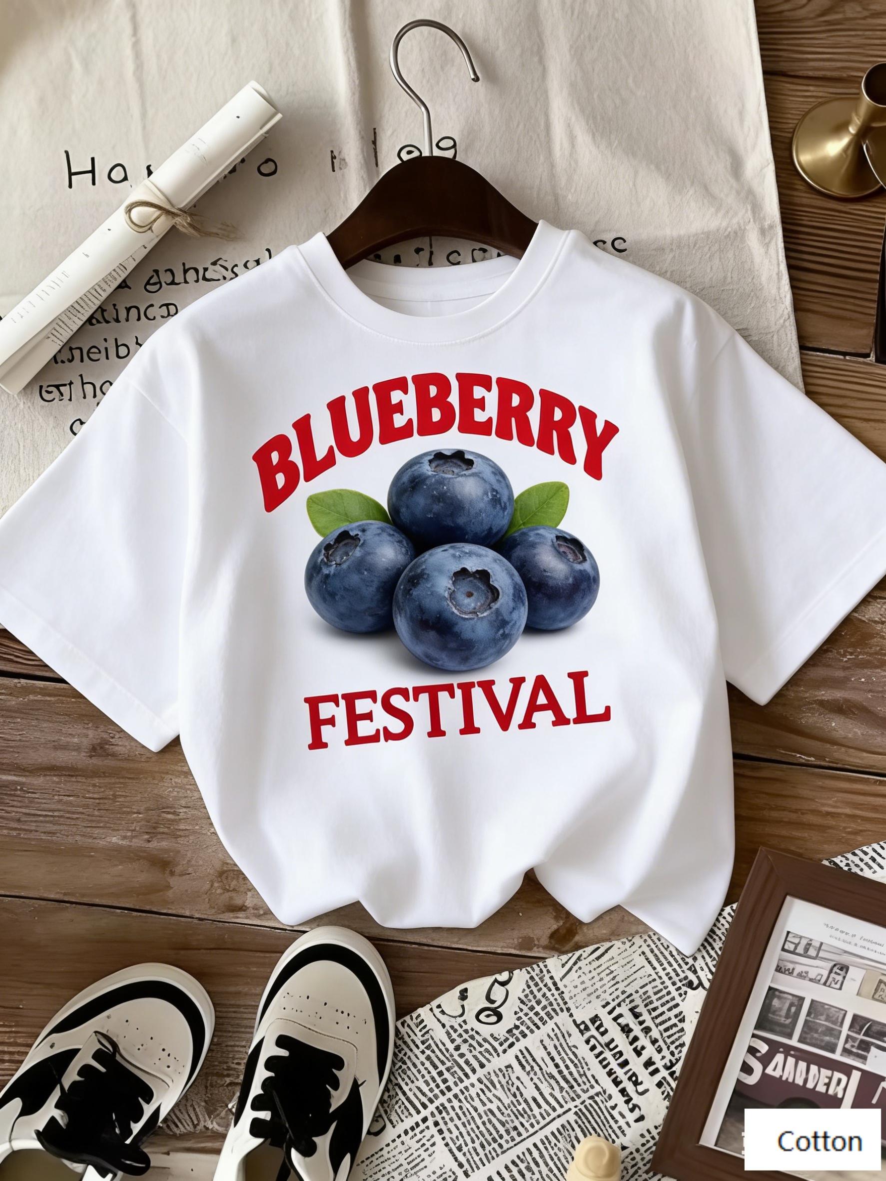 

Summer Blueberry Print TShirt with BLUEBERRY FESTIVAL Lettering Oversized Casual Cotton Tee Retro Aesthetic Fruit Graphic M