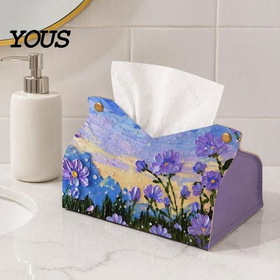 Foldable Paper Organizer Leather Tissue Box Cover with Flowers Pattern, Desktop Organizer, Napkin Holder Case, Portable Dispenser Facial Dispenser,