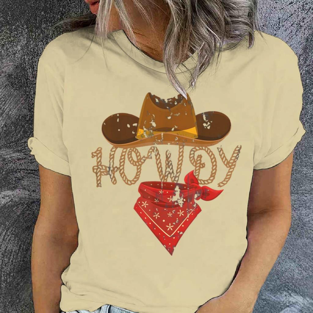 Retro Howdy Cowgirl Print T-shirts For Women Summer Short Sleeve Crew Neck T-shirt Vintage Graphic Tops Tie Dye T-shirts