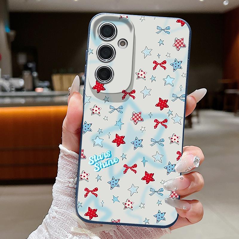 Blauer Stern Schleifen Muster Hülle Für Samsung Galaxy S25 Edge S24 Ultra S23 S22 Plus S21 FE S26 Ultra Lederstruktur Silikonhülle