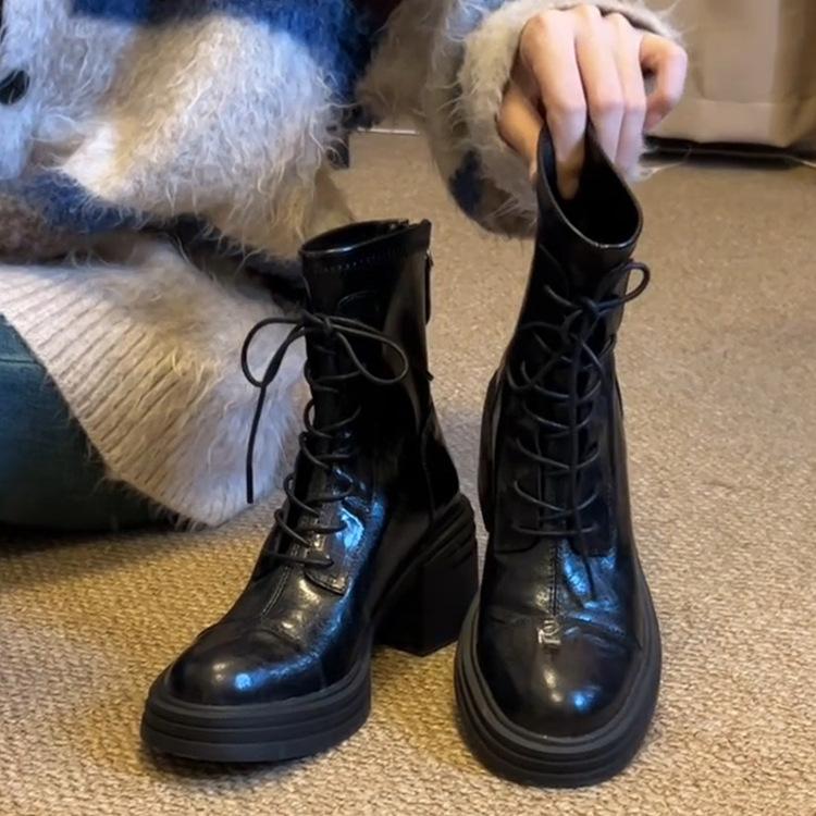 

Thick-soled high-heeled Martin boots women s 2026 autumn and winter new temperament versatile thin boots retro rear zipper heightening short boots 39