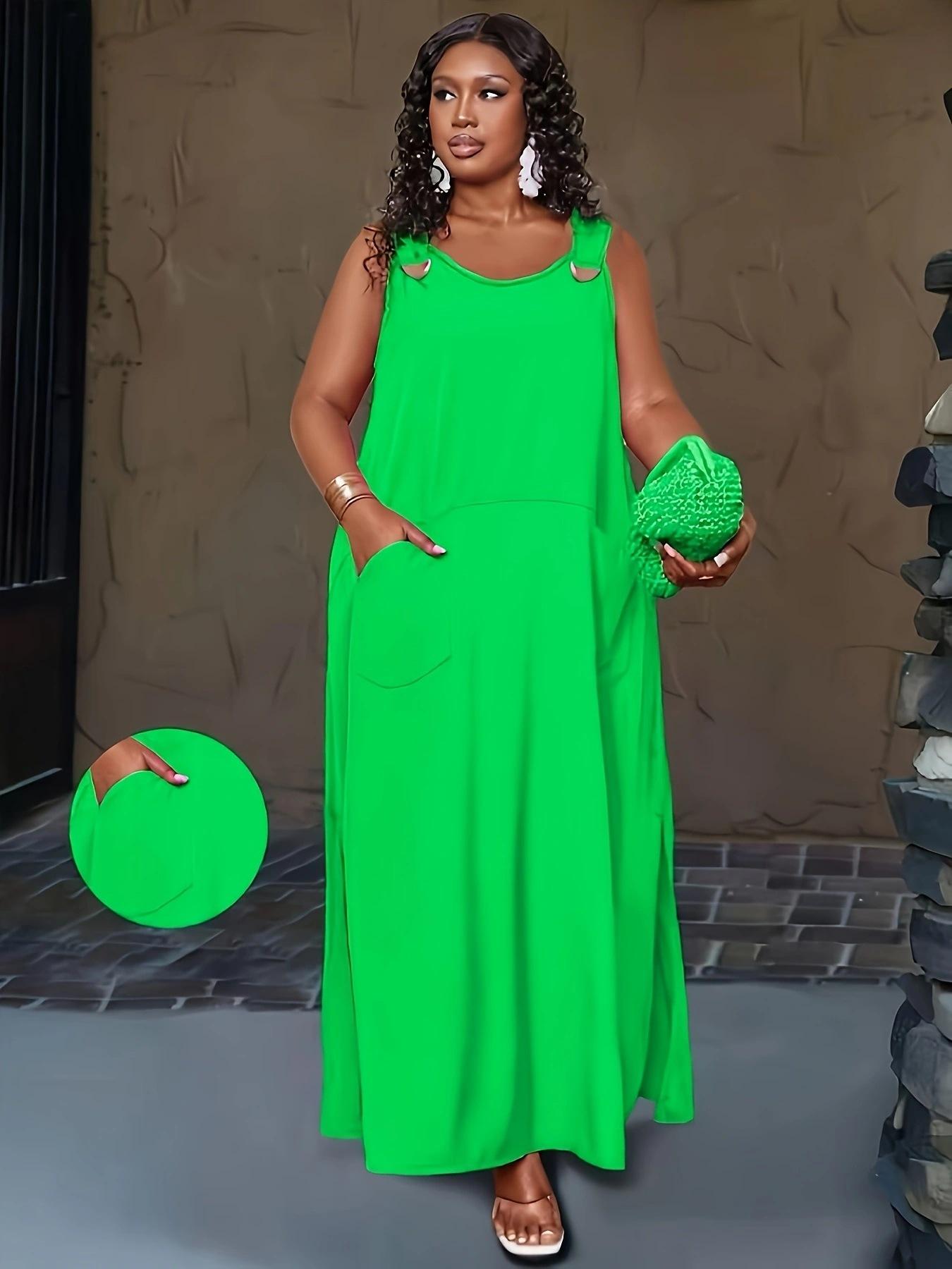 

Women s Sleeveless Maxi Dress with Lace-up Straps and Side Pockets, Available in Multiple Colors 1XL зелёный