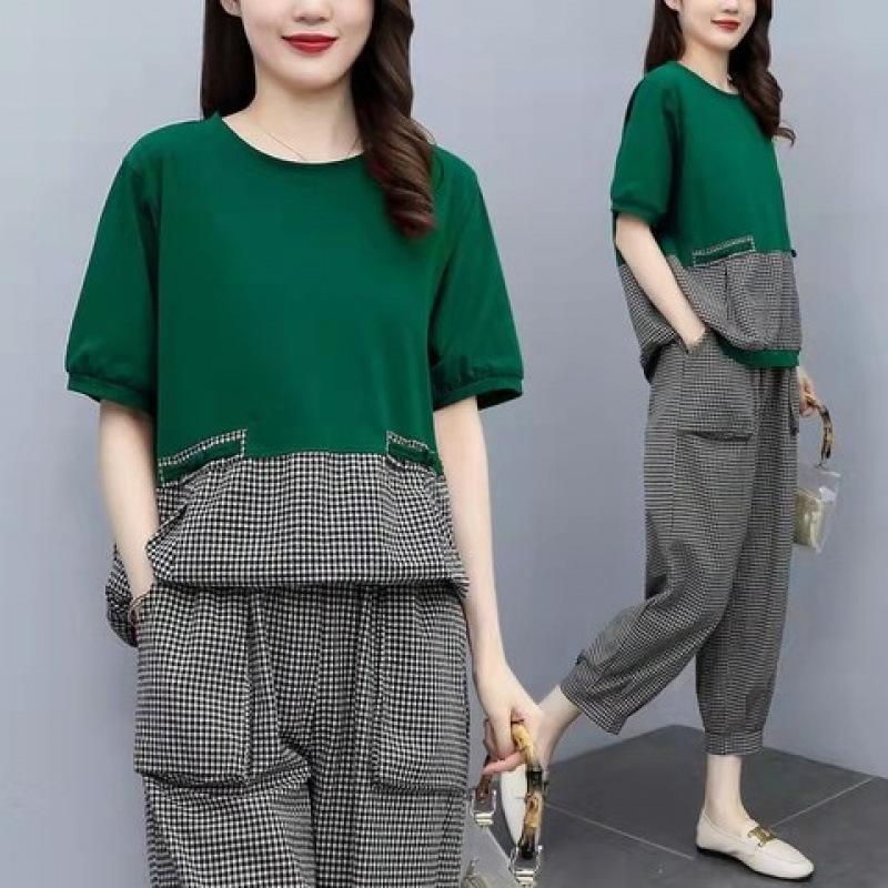 Sommer Trend T-Shirts Sets Damen Koreanischer Stil Persönlichkeit Tasche Kariert Kurzarm T-Shirt Lässige Hose Baggy Hose 2-teiliges Set