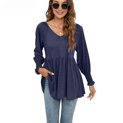 Spring Autumn Women's Blouse Shirt V-neck Bubble Long-sleeved Drawstring T-shirt Tops