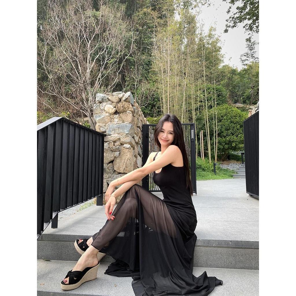 European and American Style Summer New Fashion Square Collar Pleated Pendulum Waist Thin Mesh Suspender Dress Women