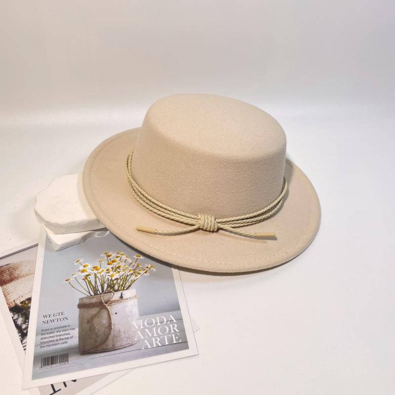 New Leather Rope Flat-top Woolen Top Hat Women's Autumn and Winter Temperament Elegant and Fashionable Versatile Flat-brimmed Felt Hat Men's Stage