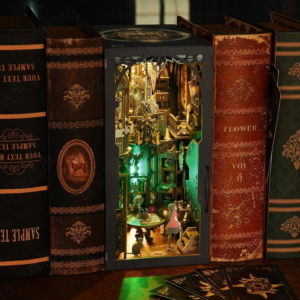 Book Nook Kit for DIY Miniature Dollhouse Bookshelf Decoration with Dustproof 3D Wooden Motion and LED Light Card Adults, Cover, Bookends, Puzzle,
