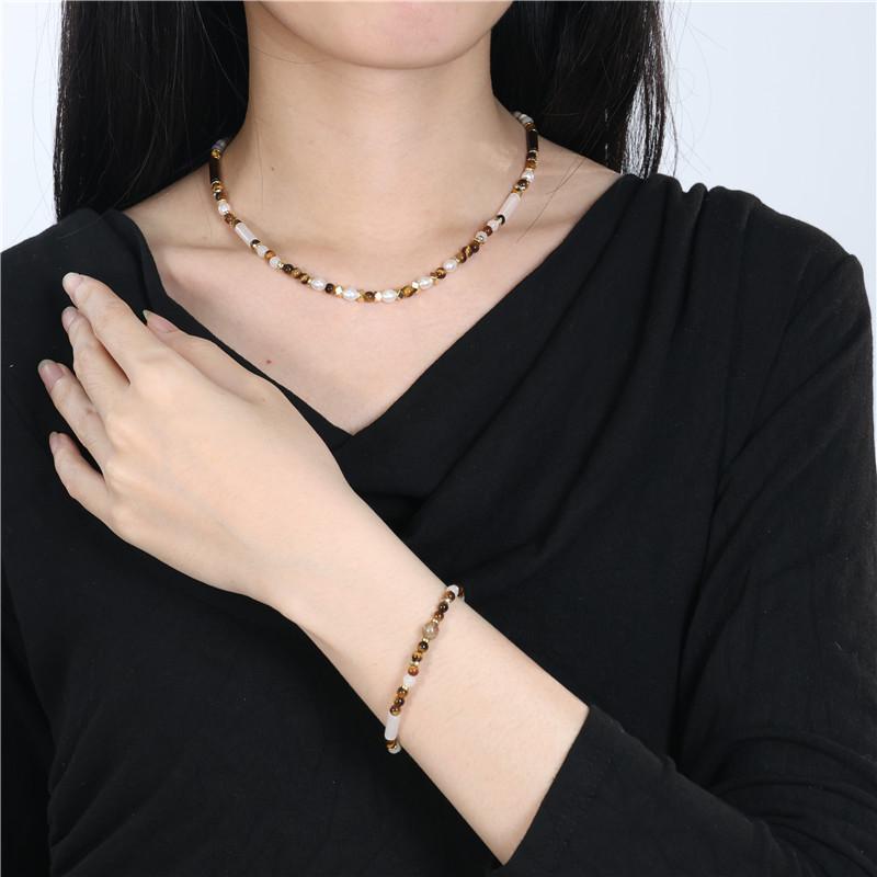 Arvaleff Women's Tiger Eye & Pearl Beaded Necklace - Personalized Natural Stone Design
