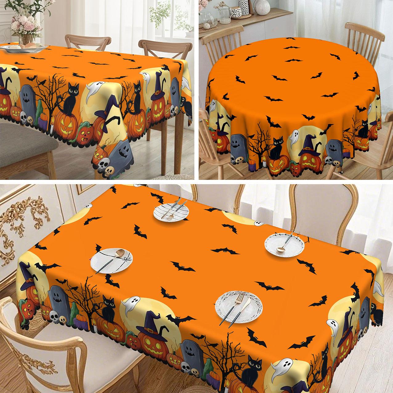 1 Piece Halloween Round Tablecloth Tablecloth, Tombstone, Black Cat, Pumpkin Bat Pattern, Halloween Gift. round tablecloth-152x152cm