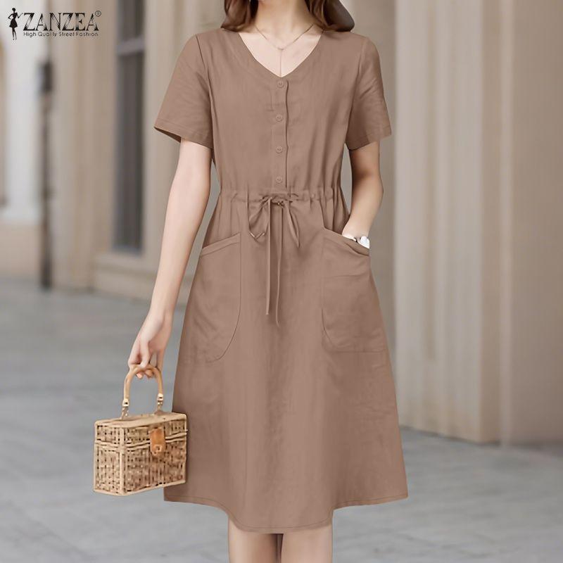 ZANZEA Abito Estivo Casual da Donna con Scollo a V a Maniche Corte Monocolore
