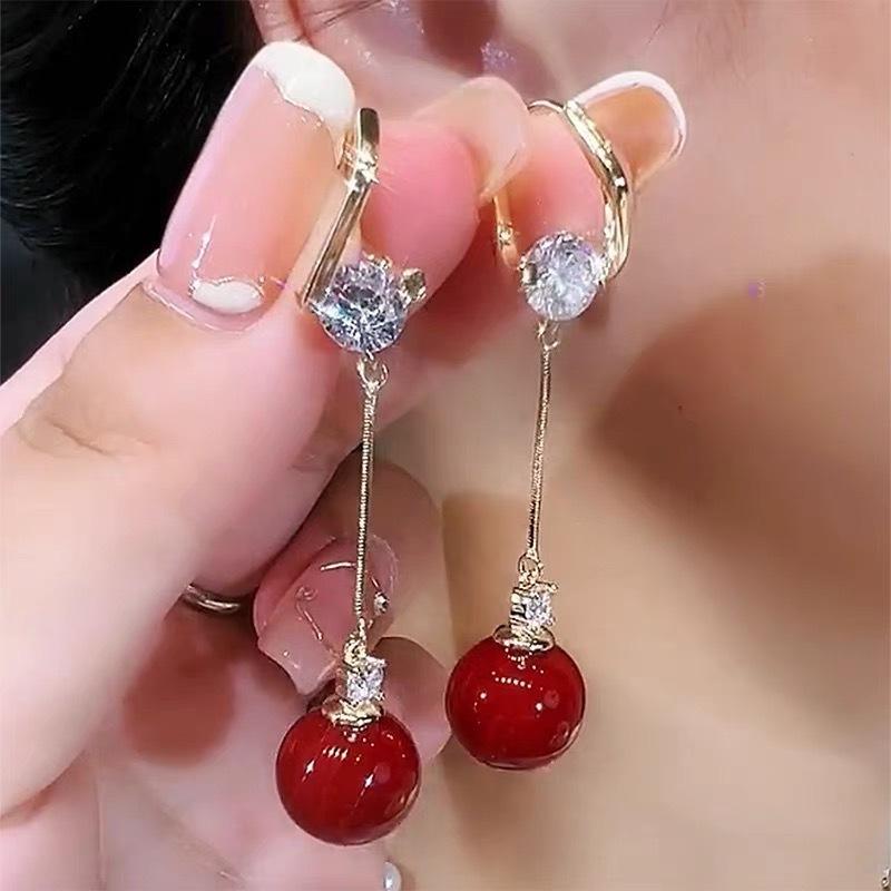Fashion Atmospheric Red Velvet Bow Earrings Femininity Sweet Flower Long Fringed Versatile Earrings