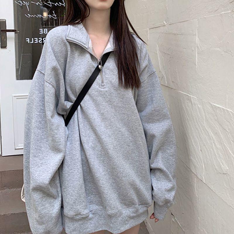 Half Zipper Stand Collar Sweatshirt Women Loose Long Sleeve Hoodie Autumn Winter Solid Color Casual Sport Pullover
