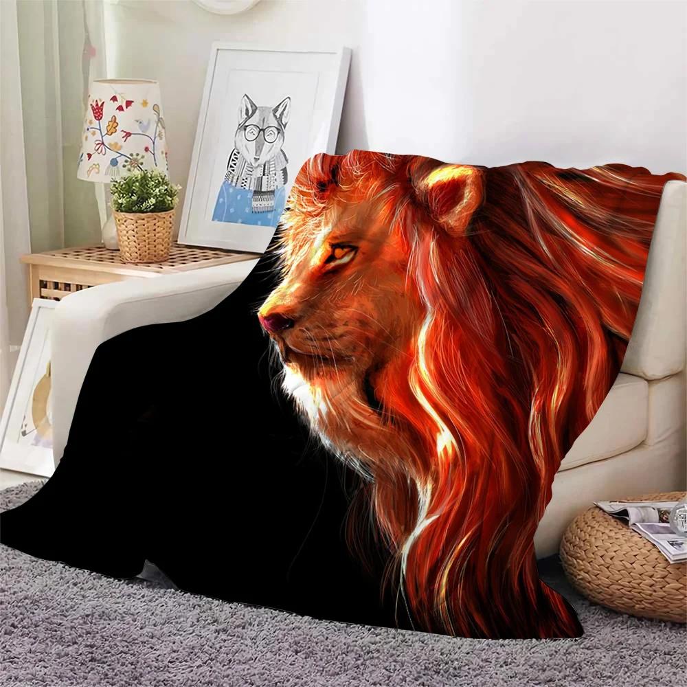 Colourful Lion Pattern Flannel Throw Blanket King Queen Size Super Soft Warm Blanket for Bed Sofa Couch Lightweight Kid Boy Gift