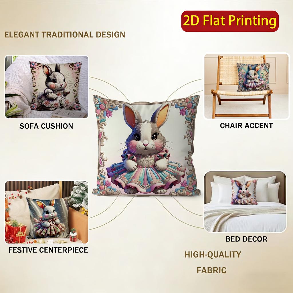 2D Cute Bunny Dressed In Floral Dress Cushion Covers Pattern Cushion Cover Suitable For Sofa Bedroom Car Pillow Cover