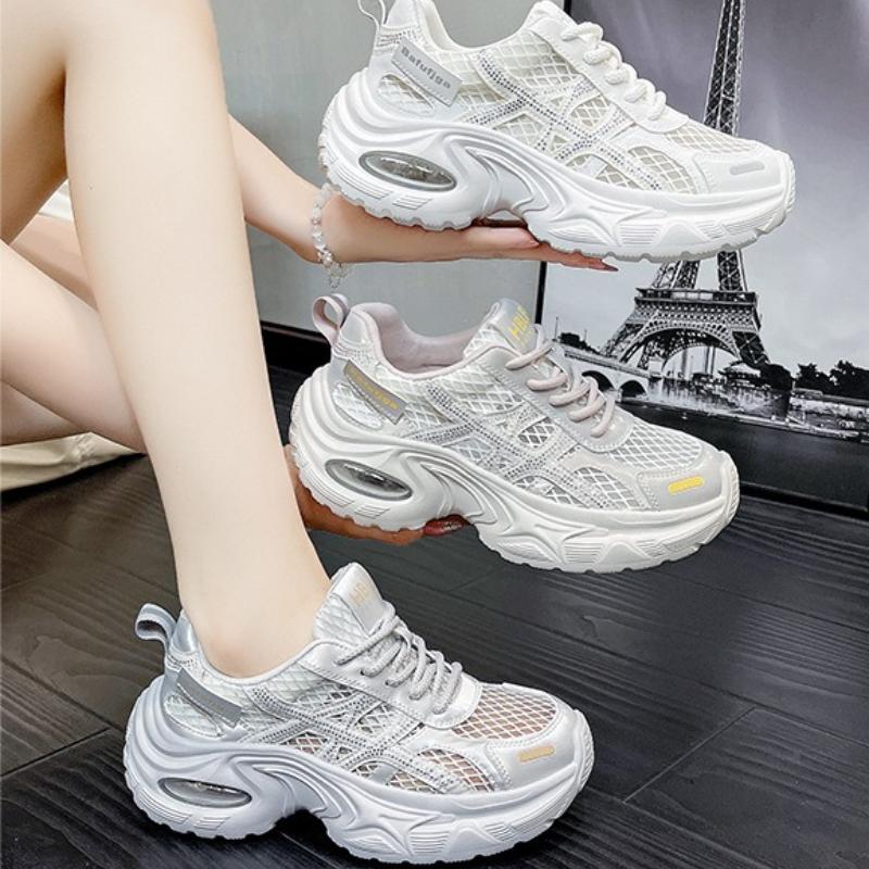 Women's 2025 Spring New Breathable Hollow Mesh Platform Sneakers Thick-Soled Heightening Slim All-Match Casual Sports Shoes