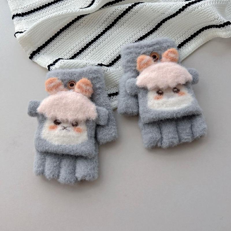 - Einjährige Kinder Strickhandschuhe mit Klappe, Damen Herbst und Winter Halbfinger mit freien Fingern, niedliche lockige Plüsch warme Schülerhandschuhe
