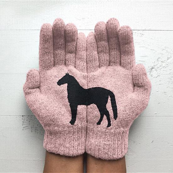 Black Horse Print Gloves Warm Ribbed Knitted Gloves Funny Horse Winter Gloves Gift for Men Women Driving Daily Errands Use