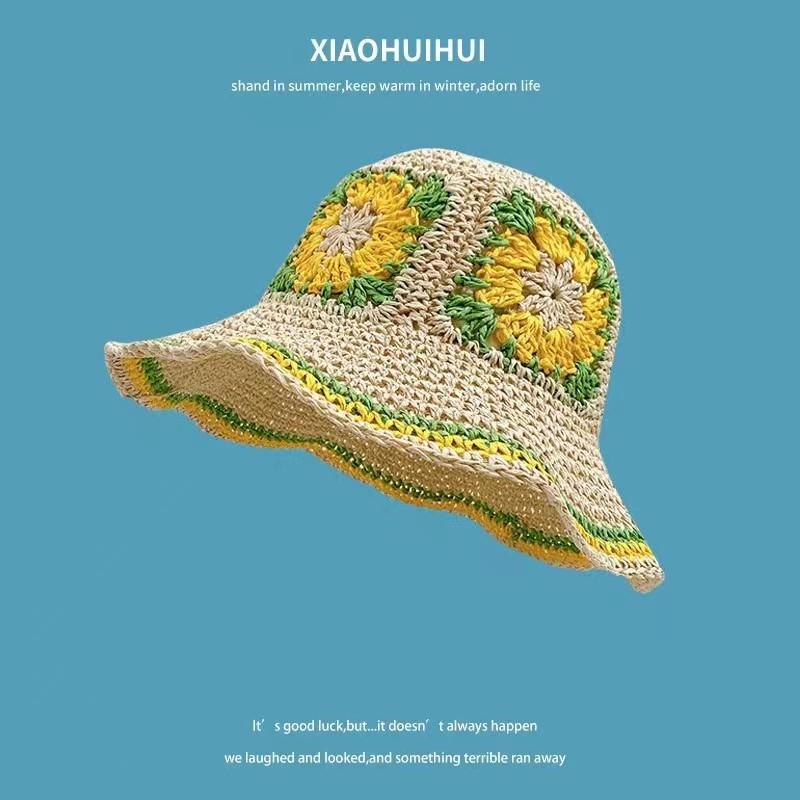 Summer face covering small sunscreen bucket hat woven flower straw hat bucket hat women's versatile sun hat