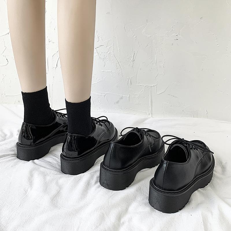 Black Small Leather Shoes Female British Style Spring And Summer New Retro Thick -Soled Lok Fu Big Head Jk Shoes