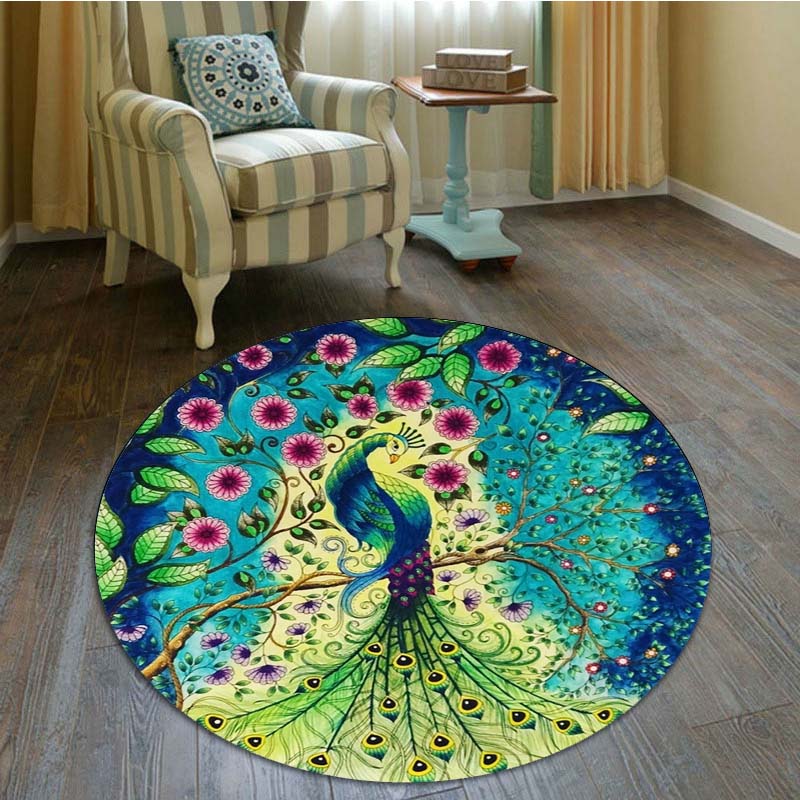 Cheap Cute Beautiful Peacock Series Round Carpet Nonslip Area Door Mat