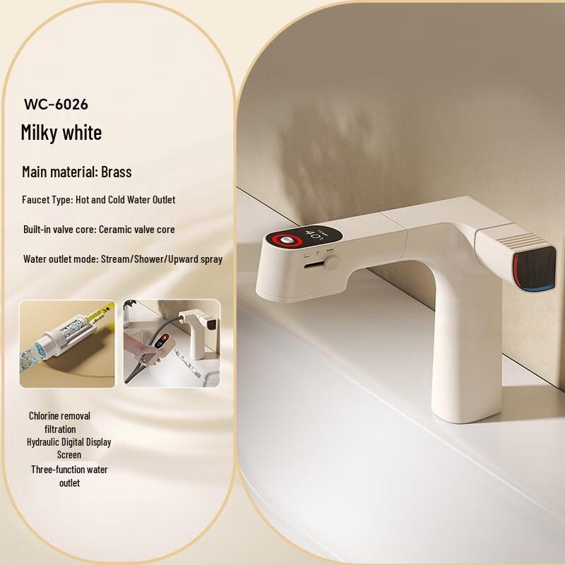 Yuzhuxun Cream Style Wall-Mounted Pull-Out Basin Faucet with Digital Display