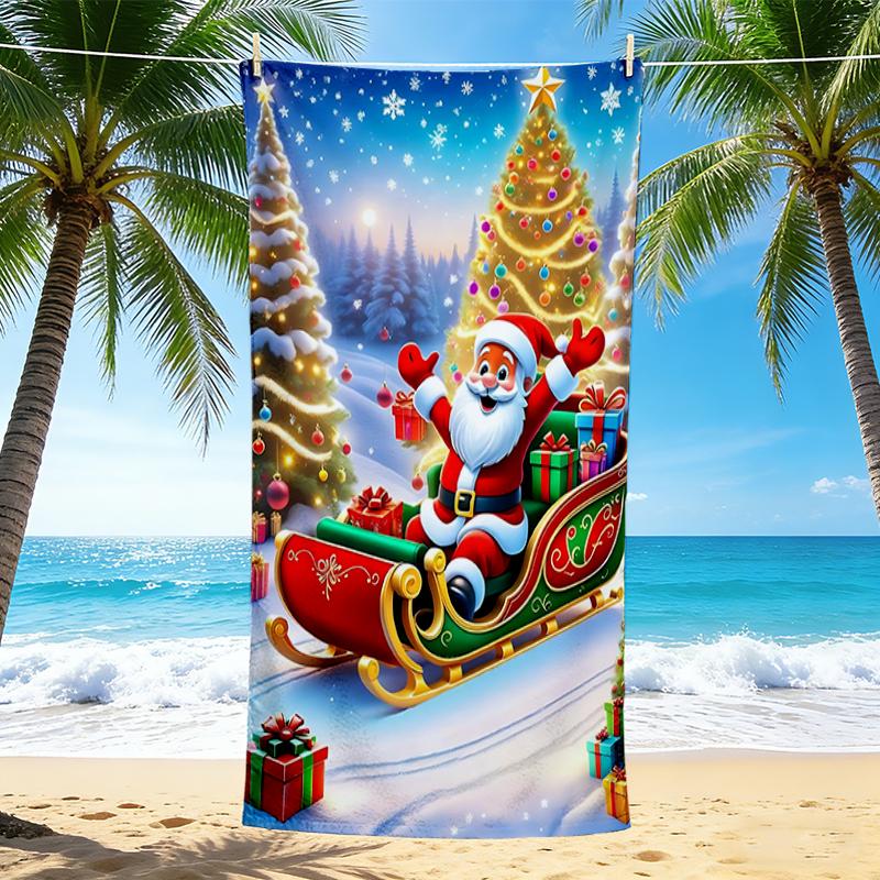 1Pc Santa Claus Through Snow Beach Towel, Quick Dry, Multi-Use for Beach Pool Gym Yoga Home Travel, Christmas, Halloween, Xmas Gift S239