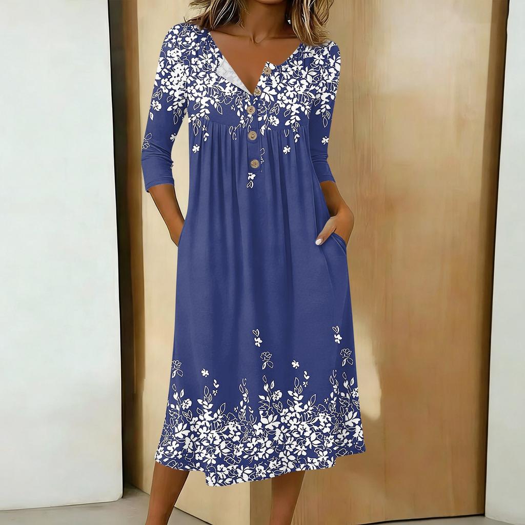Women's Fashionable Color Printed Round Neck 3/4 Sleeve Button Collar Mid Length Casual Dress
