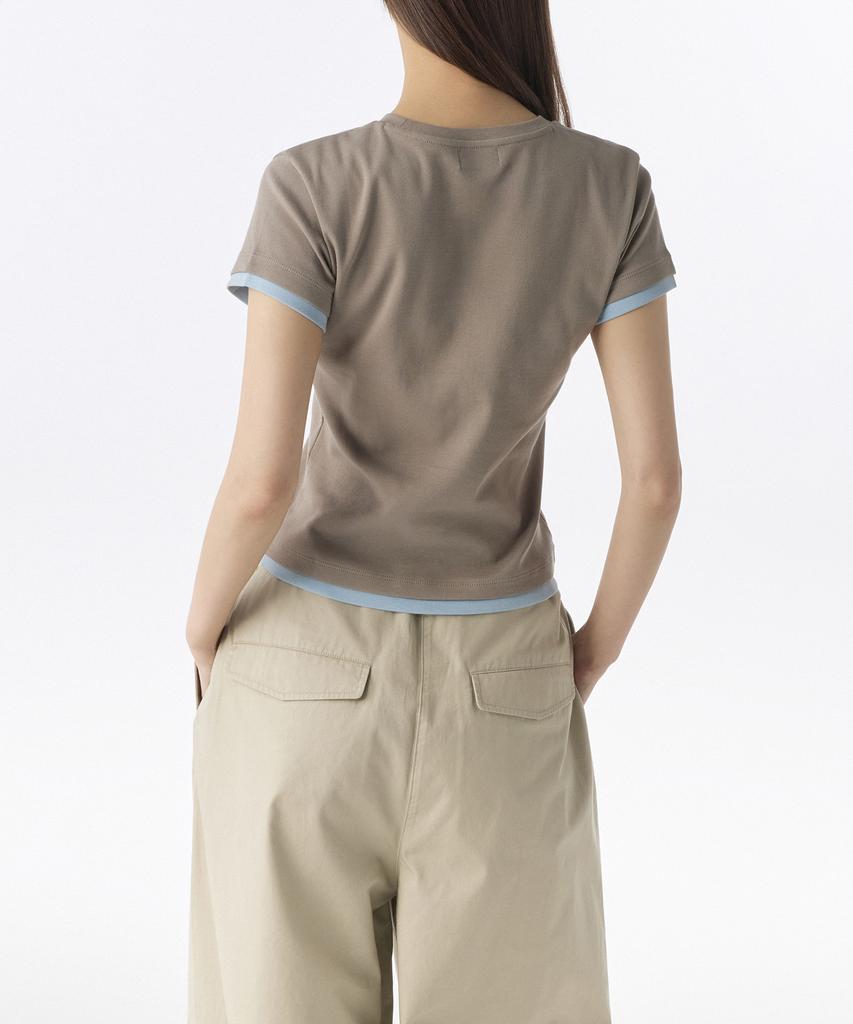 MUSINSA STANDARD WOMAN Women'S Layered Hem Slim T-Shirt [Taupe/Light Blue]