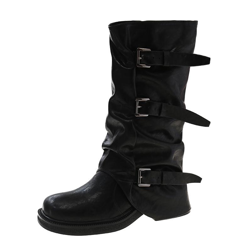 

Модная пряжка ремня Лист брюк Складка Винтаж Рыцарь Платформа Вестерн Ковбойские ботинки Плиссированные 2025 Осень Новые сапоги до середины голени 40 чёрный