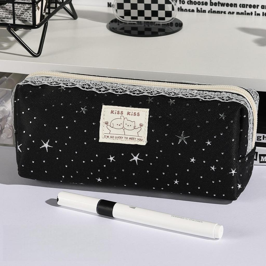 1pcs Lace Deco Lucky Star Cute Cat Pencil Case Simple Design Stationery Bag Pen Storage Pouch for Office & School Supplies
