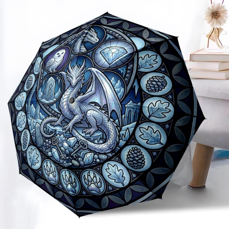 Winter Dragon Mandala Pattern Umbrella, Portable and Foldable Design, 8 Ribs, a Casual Accessory for Halloween, Christmas, and Birthday Gifts.