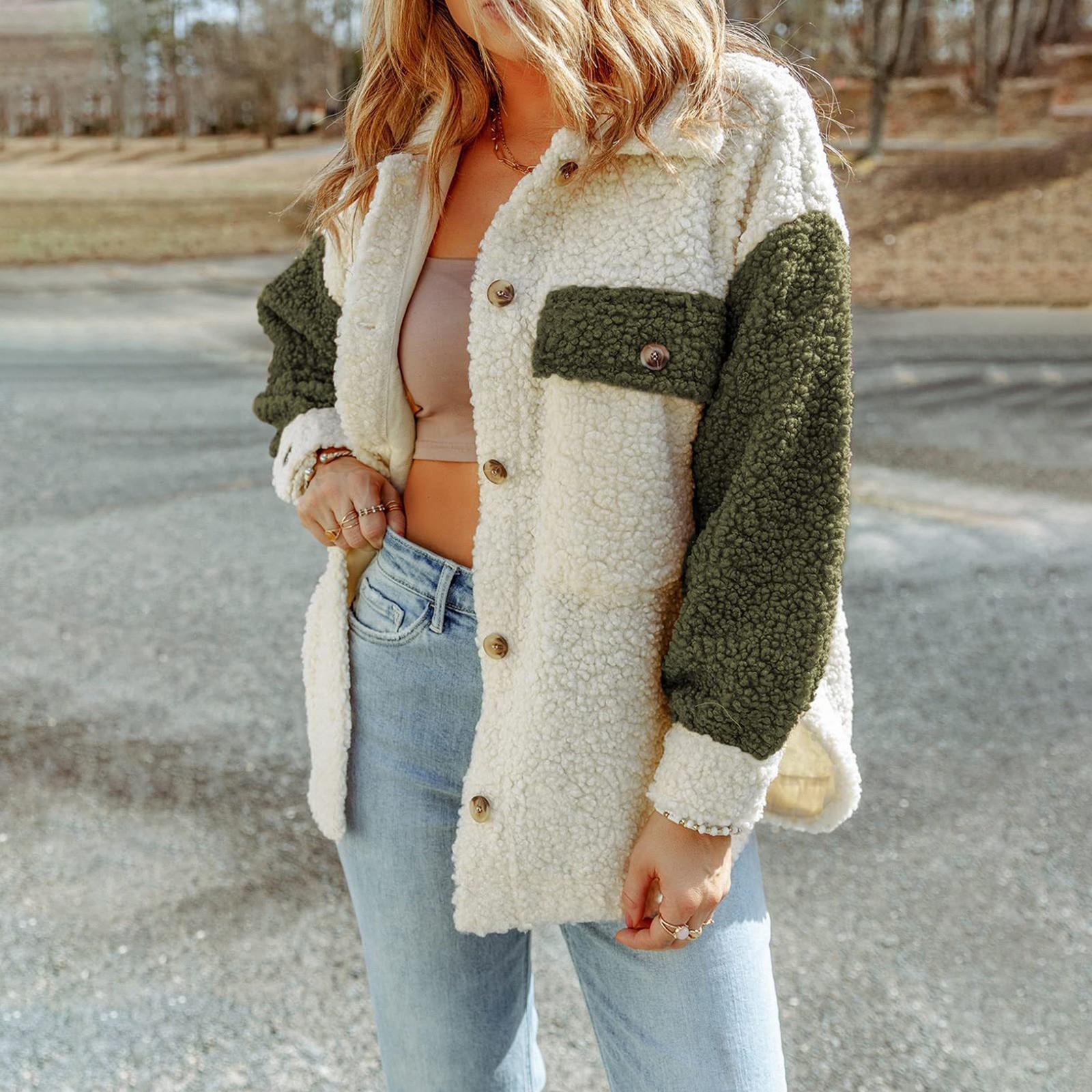 Женская мода плюшевые пуговицы с длинным рукавом теплый свитер топы пальто зимние пальто — фото 5