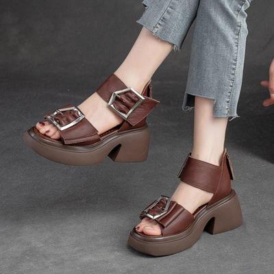 Sandały na wysokim obcasie z prawdziwej skóry Peep Toe damskie Retro wygodne, oddychające buty z grubą podeszwą